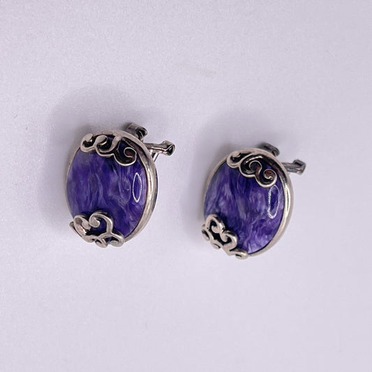 Vintage 925 Sterling Silver Oval Charoite Earrings Intricate Scroll Design