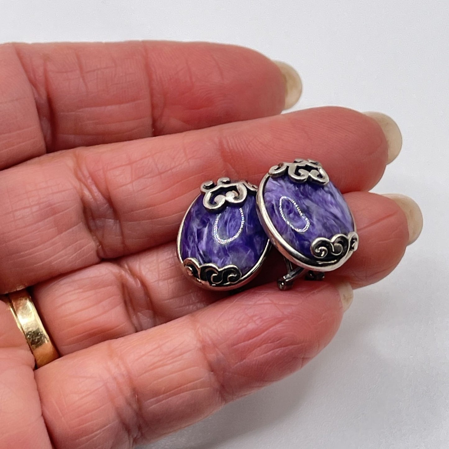 Vintage 925 Sterling Silver Oval Charoite Earrings Intricate Scroll Design