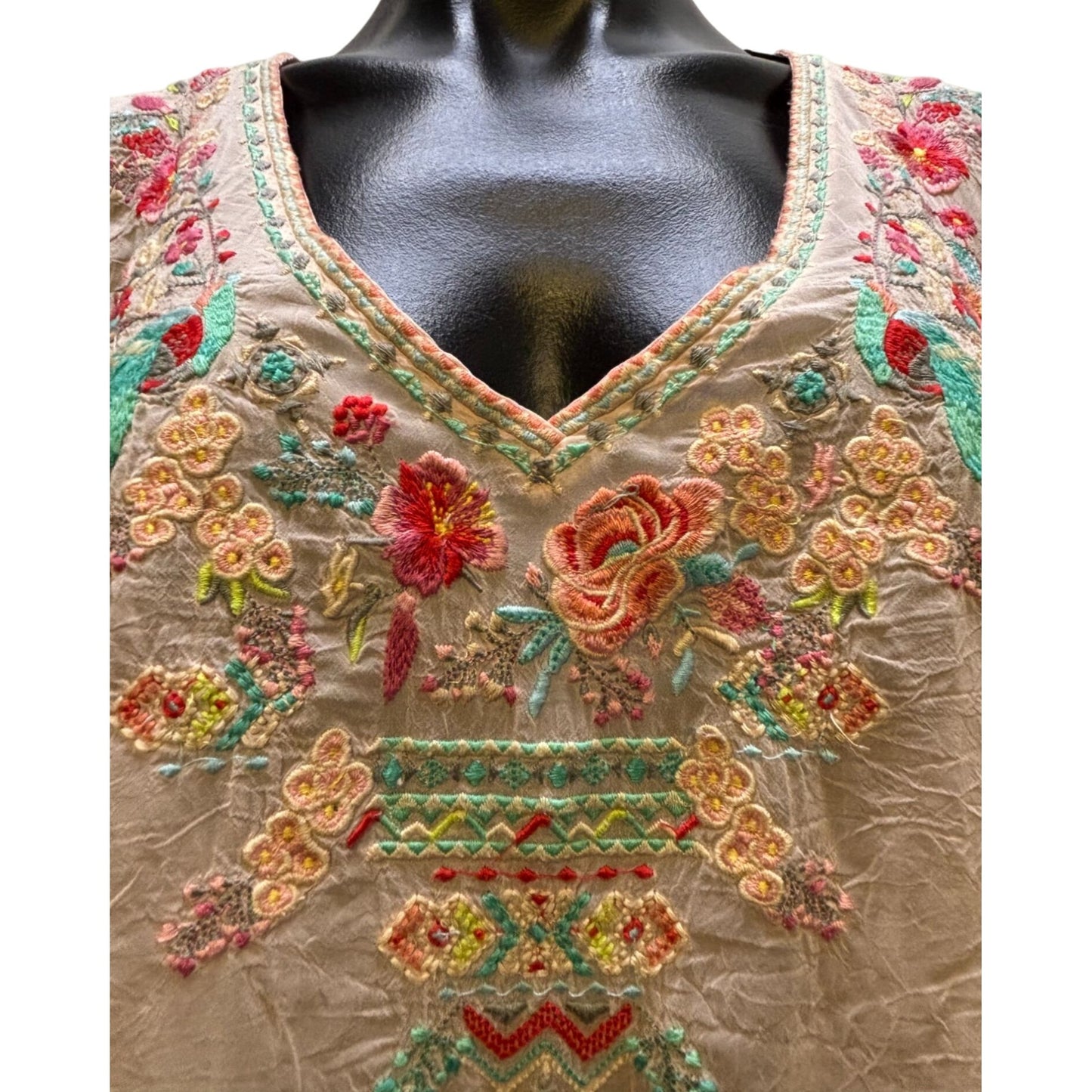 Johnny Was Silk Embroidered Blouse Pink L