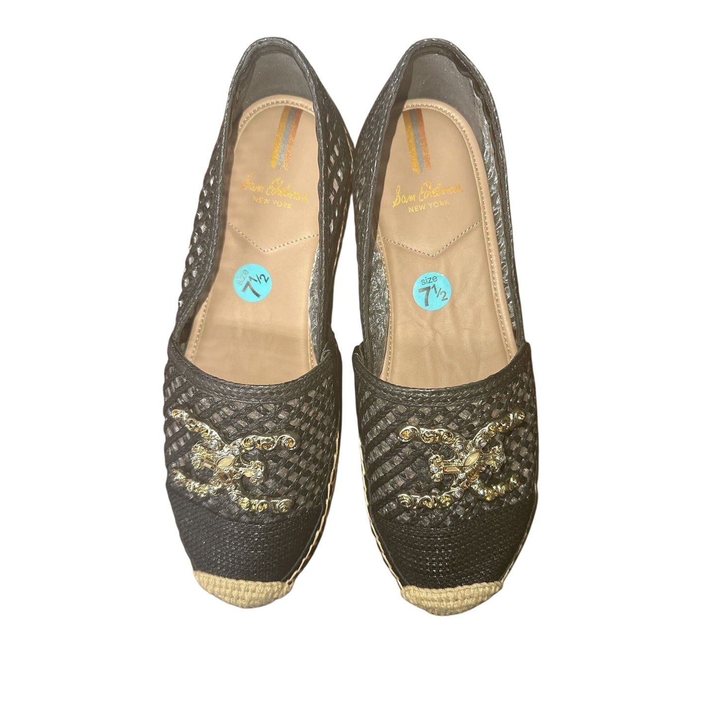 Sam Edelman Black Mesh Slip-On Espadrilles w/Embellished Gold-Tone Accent Size 7.5