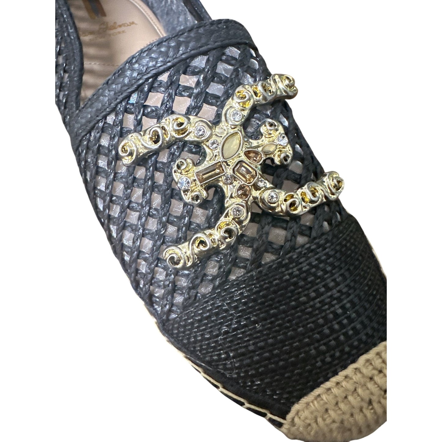 Sam Edelman Black Mesh Slip-On Espadrilles w/Embellished Gold-Tone Accent Size 7.5