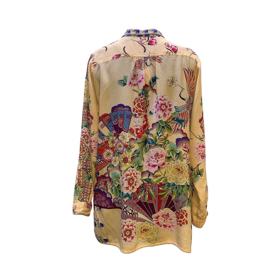 Johnny Was Peach & Multicolored Print Button Tunic Blouse, Size S