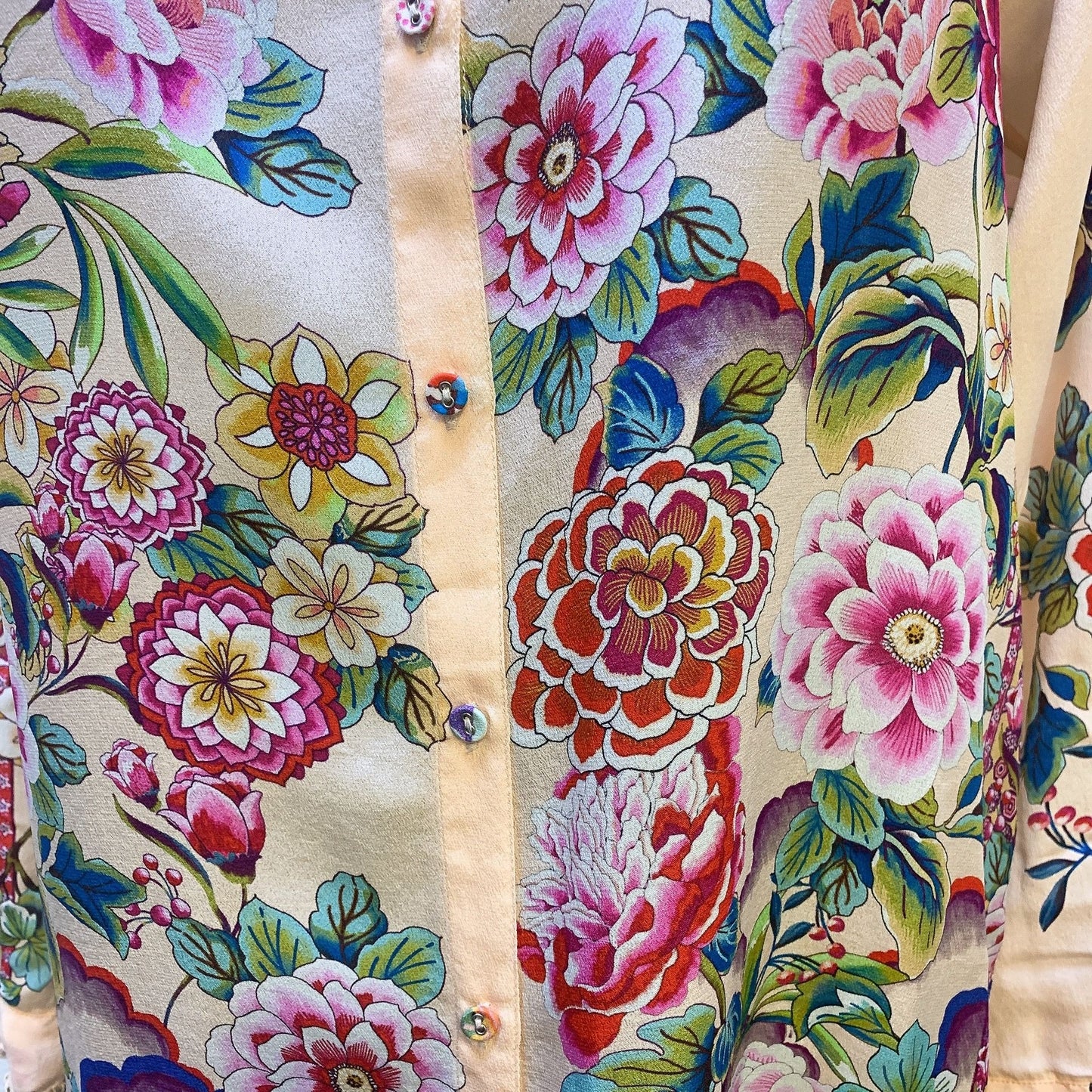 Johnny Was Peach & Multicolored Print Button Tunic Blouse, Size S