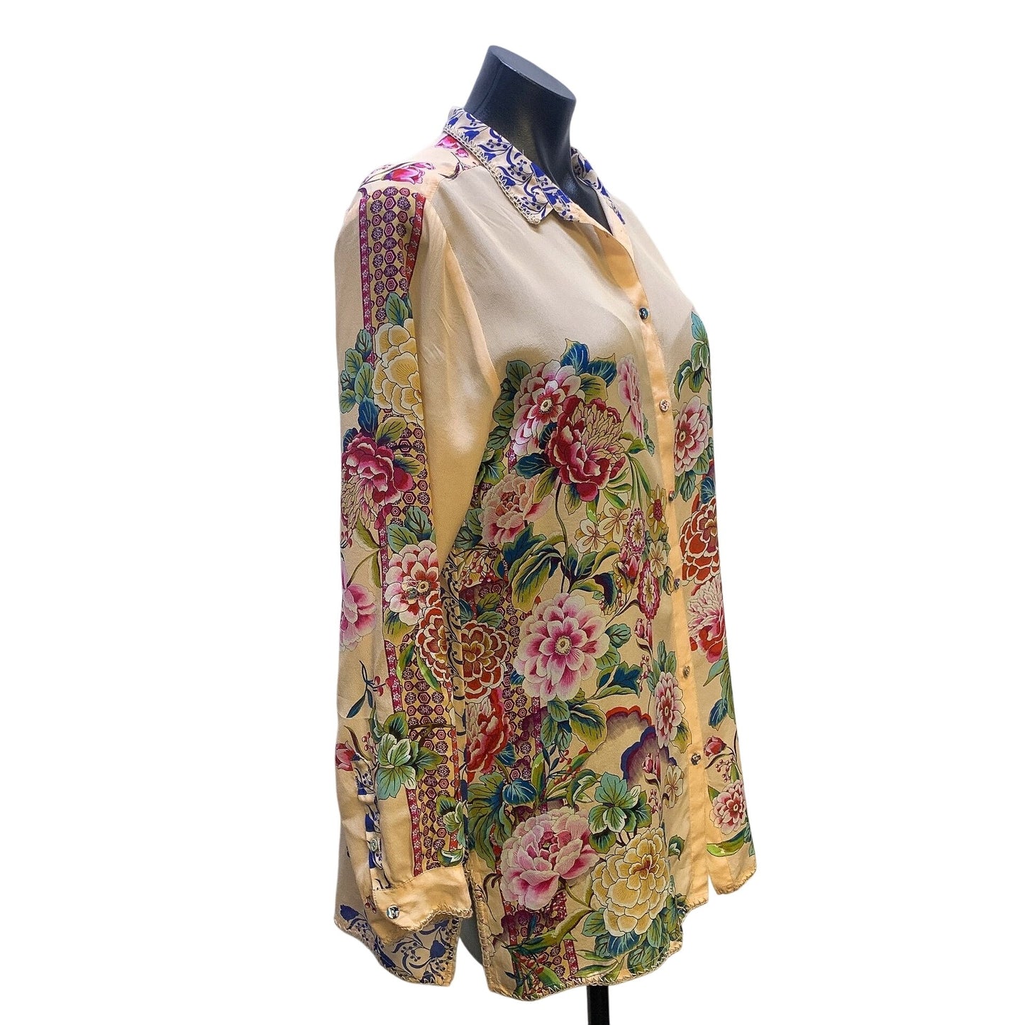 Johnny Was Peach & Multicolored Print Button Tunic Blouse, Size S