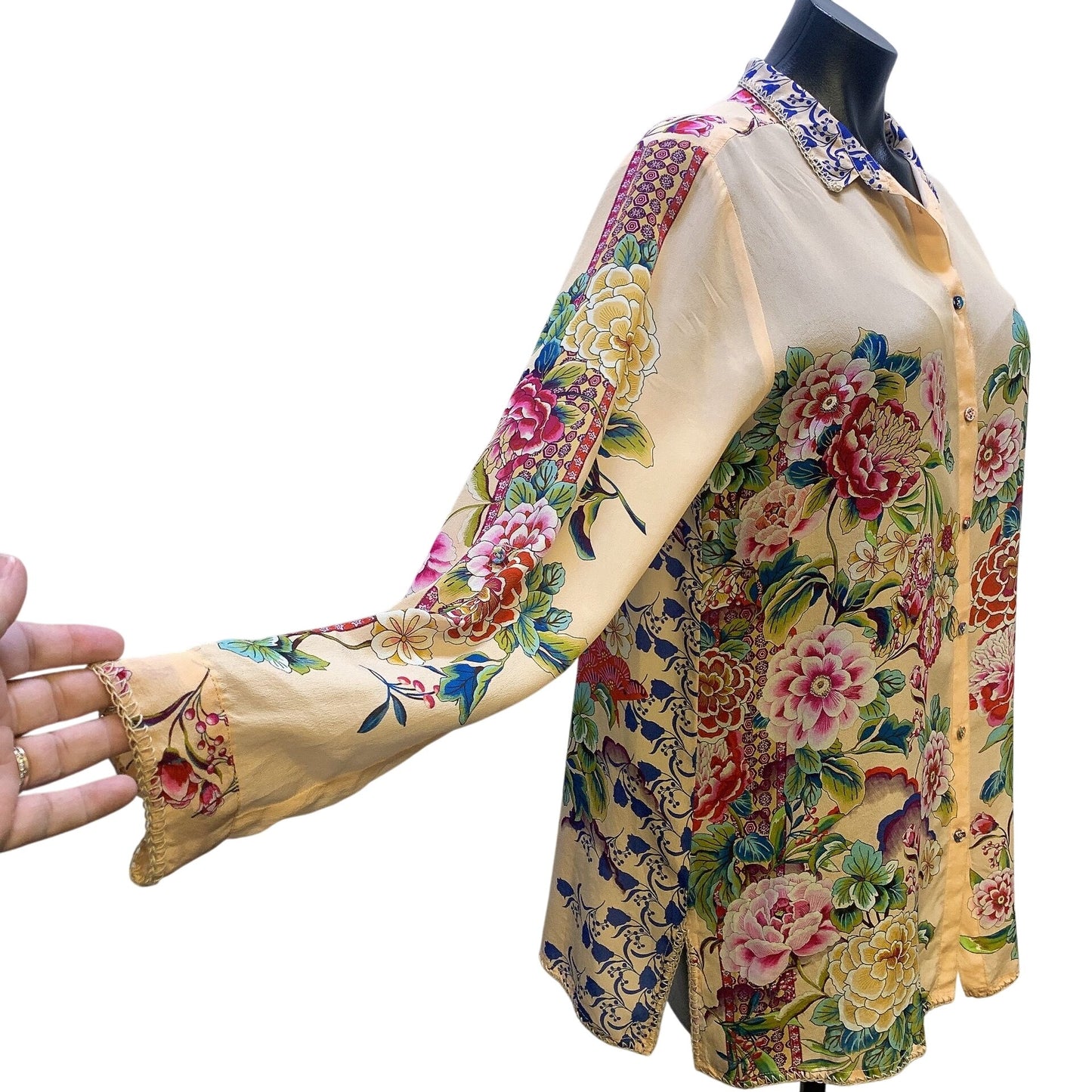 Johnny Was Peach & Multicolored Print Button Tunic Blouse, Size S