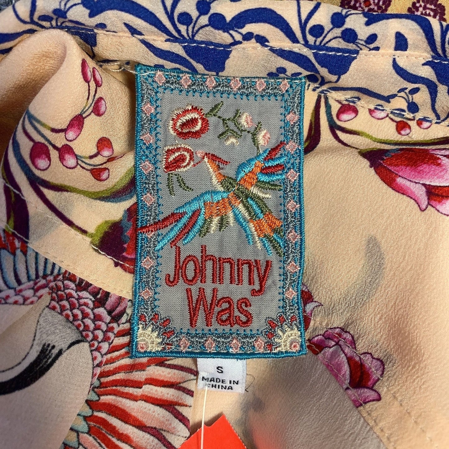 Johnny Was Peach & Multicolored Print Button Tunic Blouse, Size S