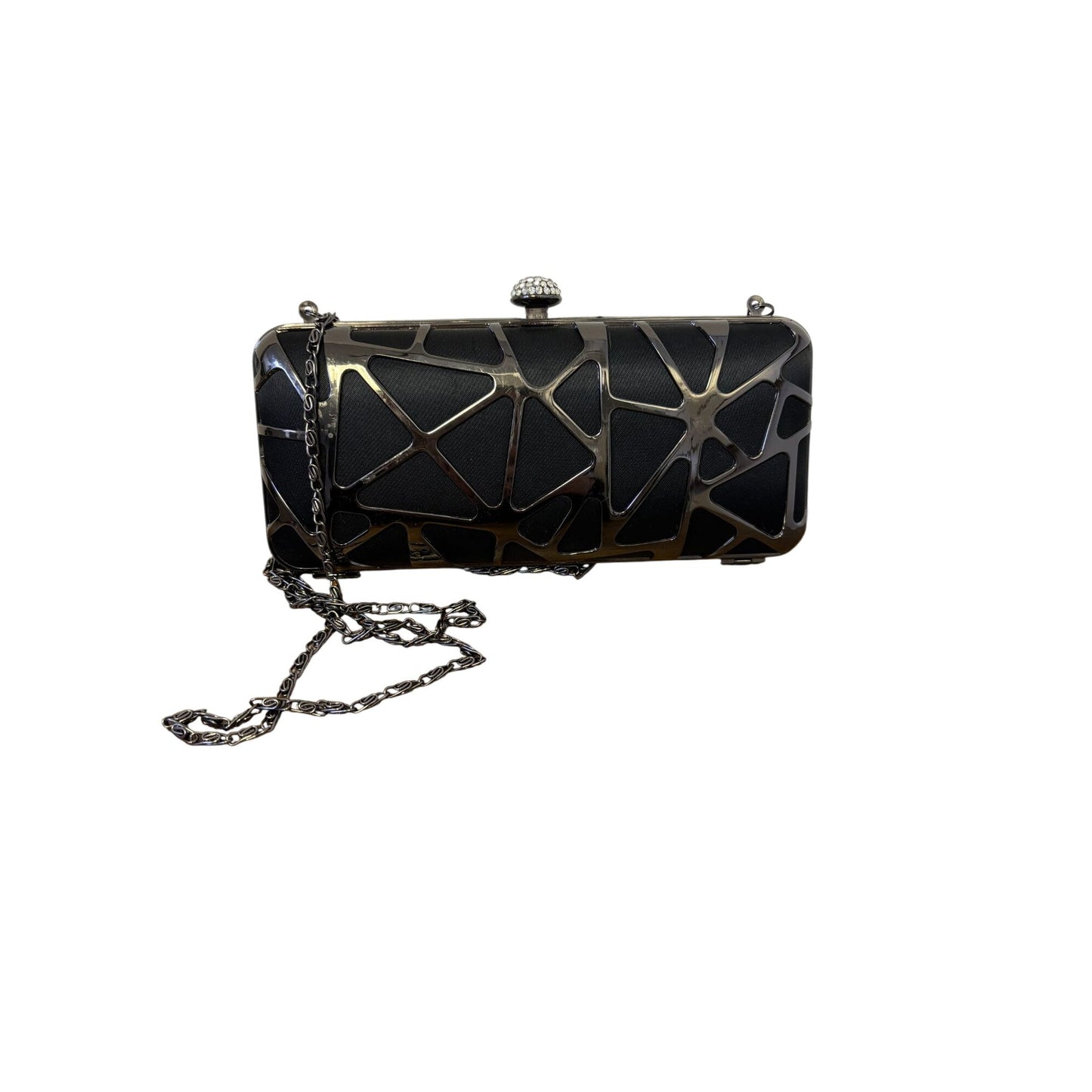 Olga Berg Black Geometric Metal Clutch With Chain Strap