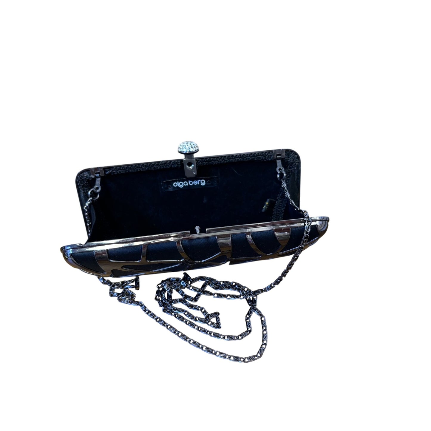 Olga Berg Black Geometric Metal Clutch With Chain Strap