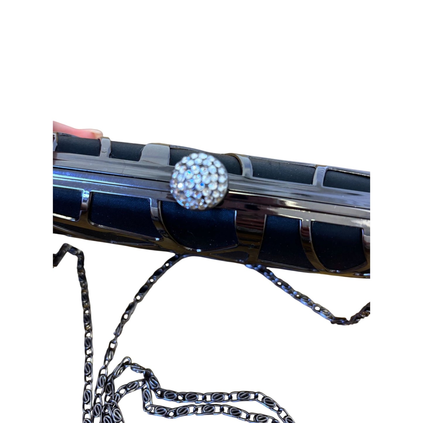 Olga Berg Black Geometric Metal Clutch With Chain Strap