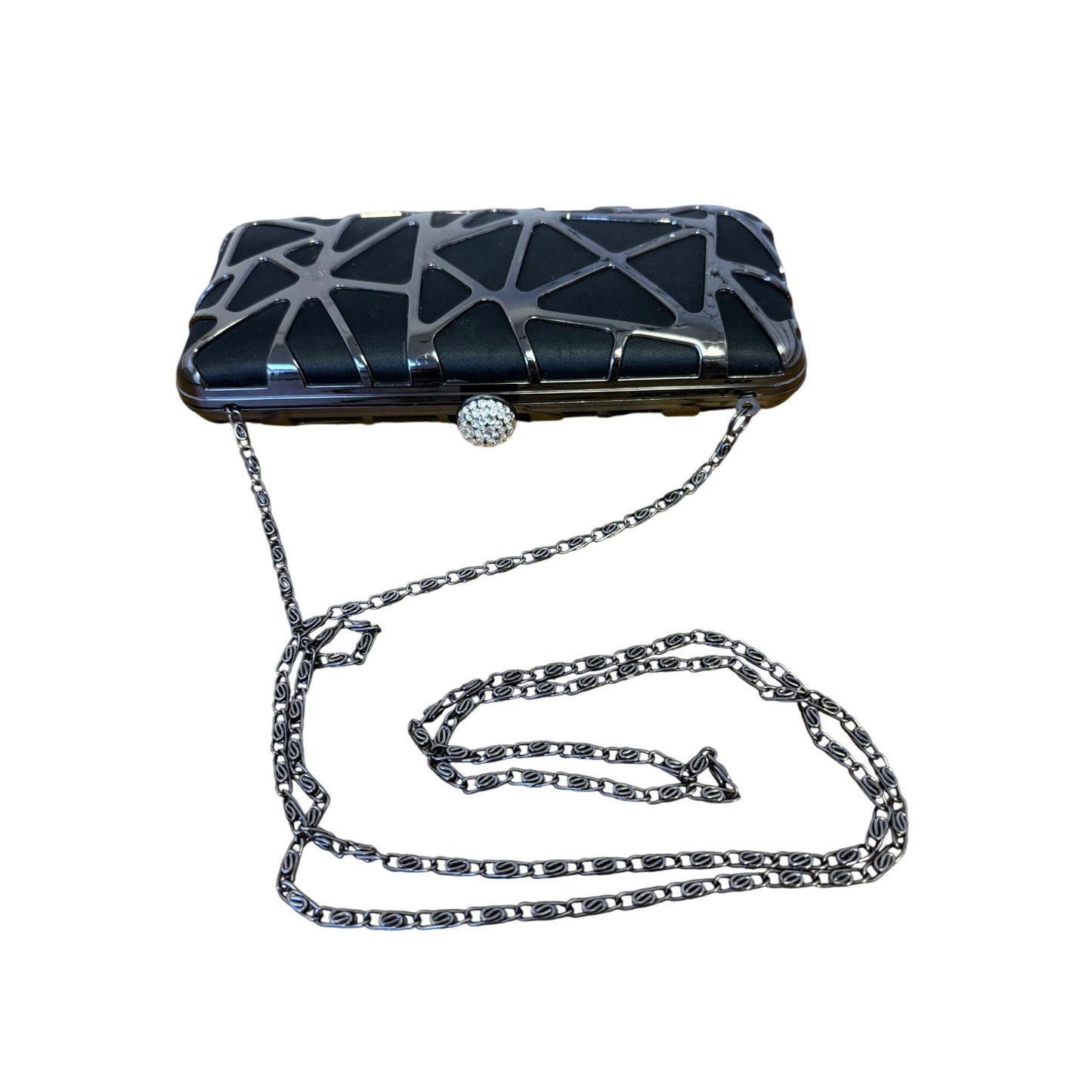 Olga Berg Black Geometric Metal Clutch With Chain Strap