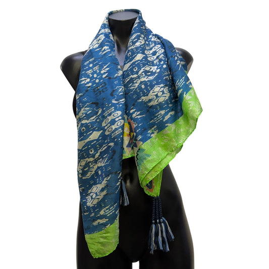 Johnny Was Blue & Green Printed Tassel Scarf Lightweight