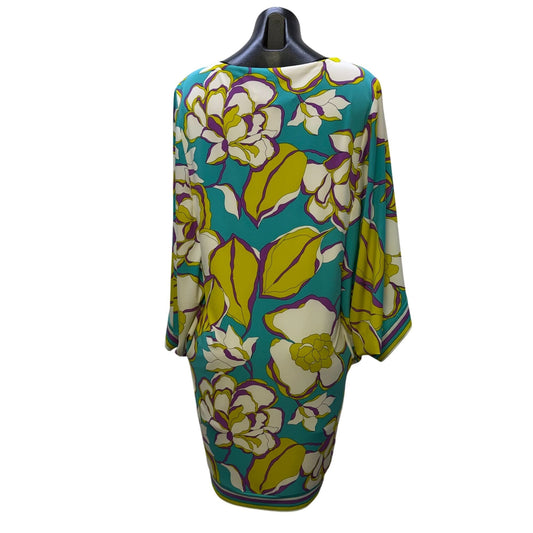 Trina Turk Floral Print Dress Turquoise & Yellow Long Bell Sleeves 10