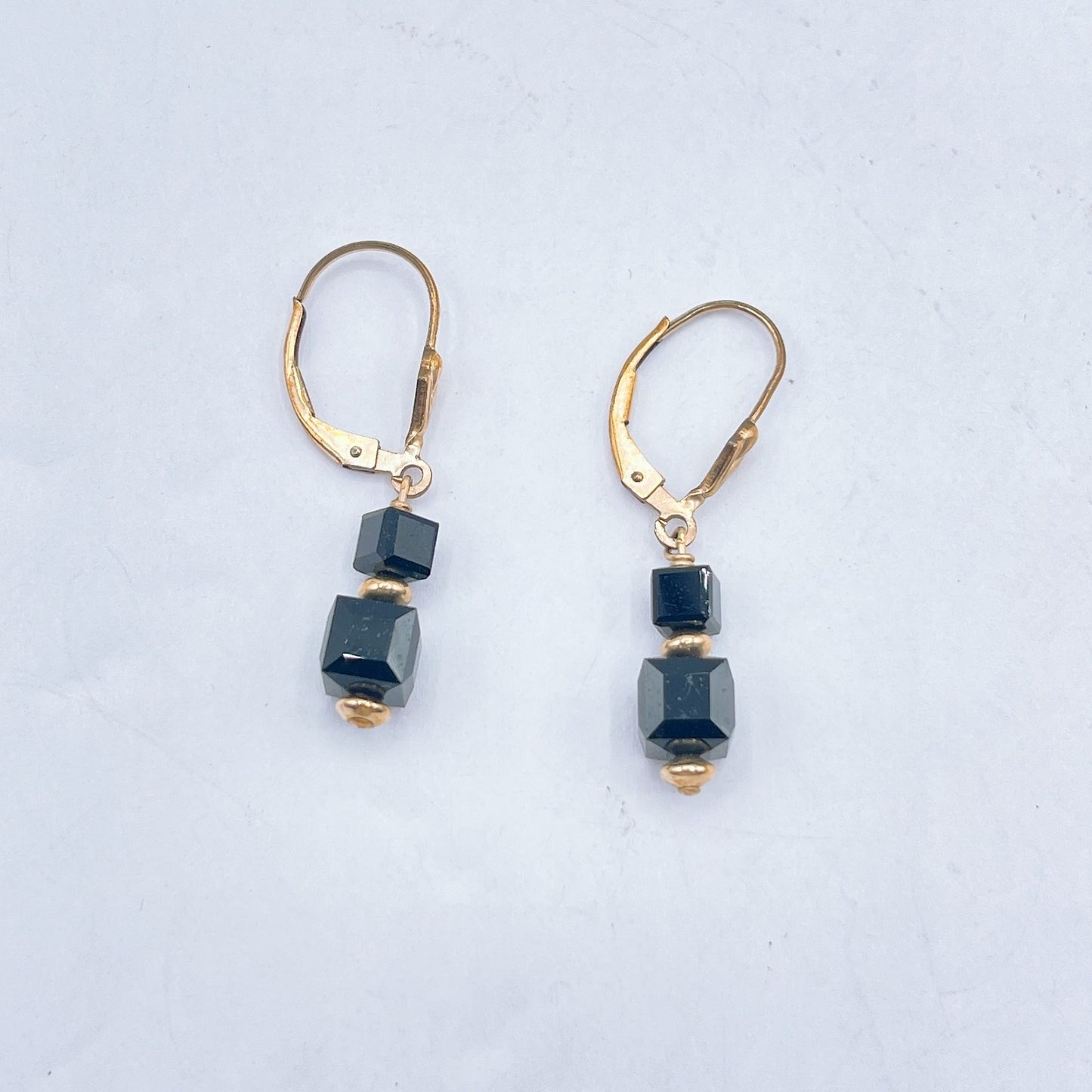 Black Cube Bead Leverback Earrings With Gold Plated