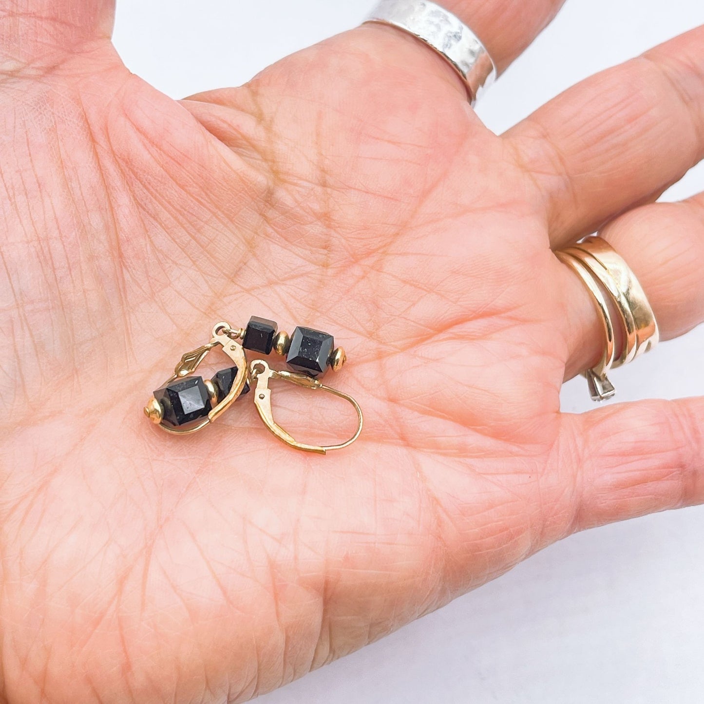 Black Cube Bead Leverback Earrings With Gold Plated