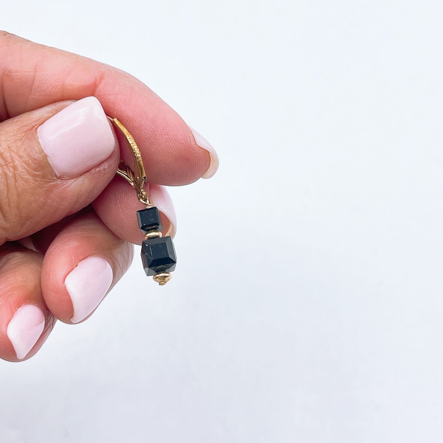 Black Cube Bead Leverback Earrings With Gold Plated