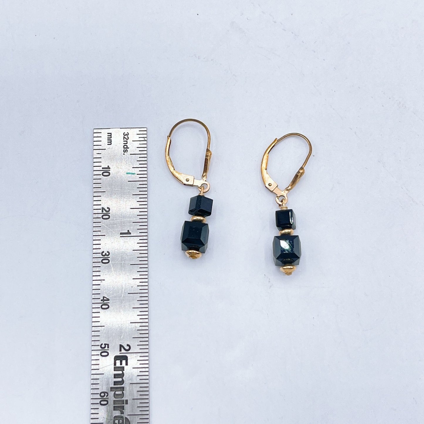 Black Cube Bead Leverback Earrings With Gold Plated