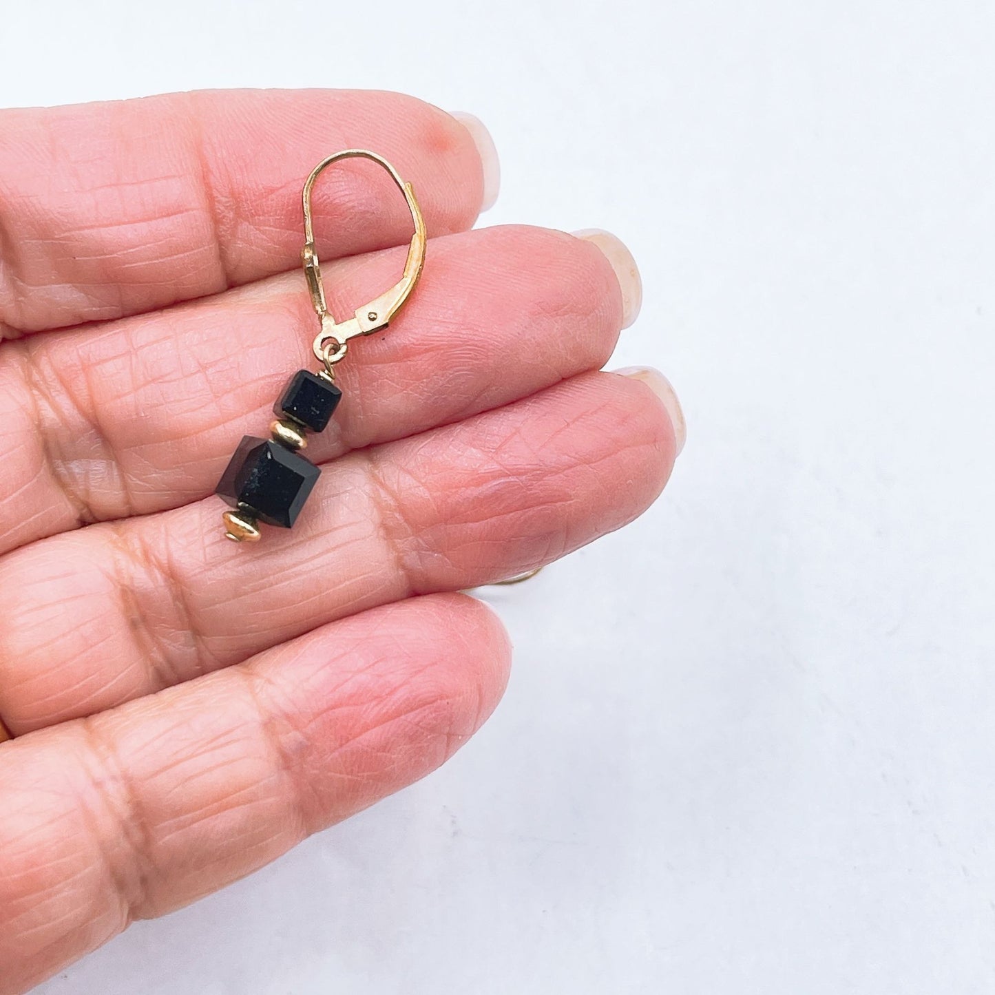 Black Cube Bead Leverback Earrings With Gold Plated