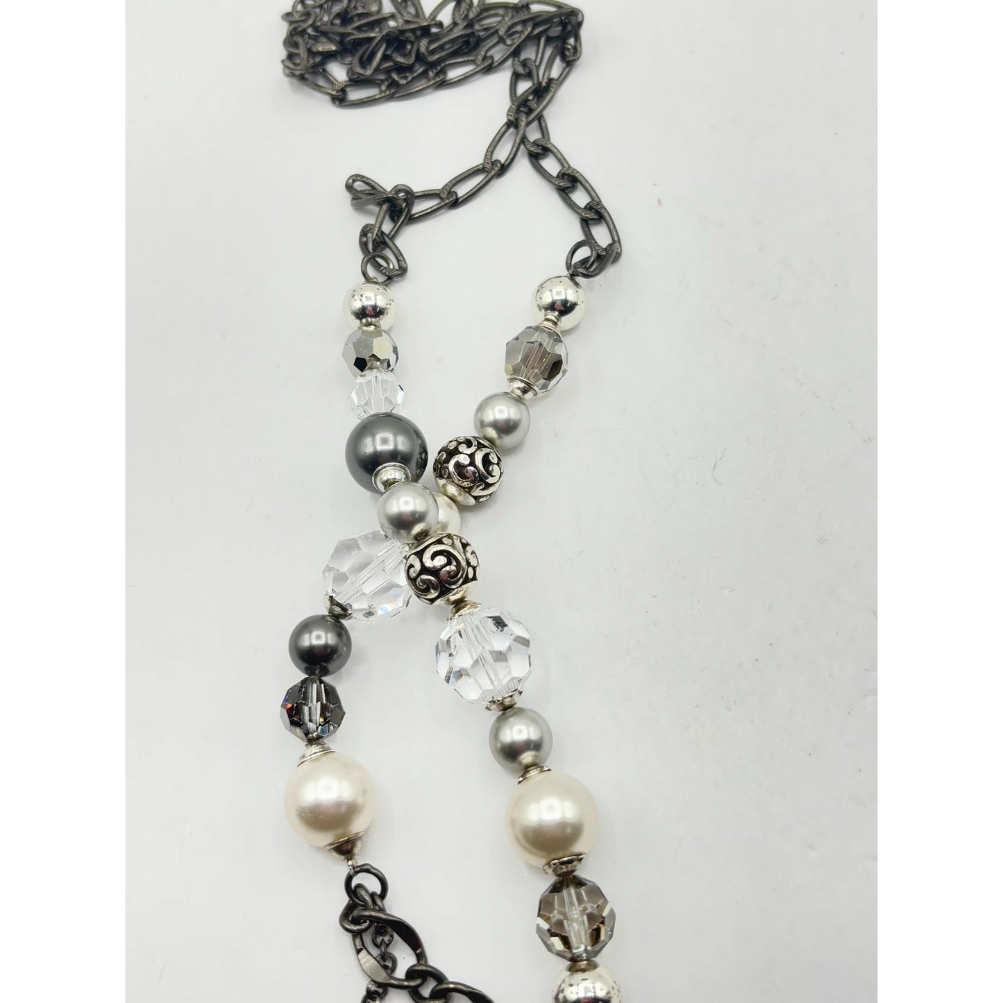 Brighton Multi-Beaded Necklace With Black & White Beads & Gunmetal Chain