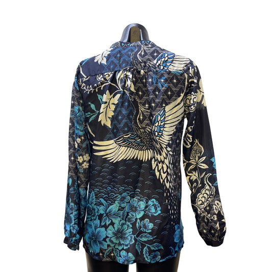 Johnny Was Blue Silk Floral Printed Button-Up Blouse XXS