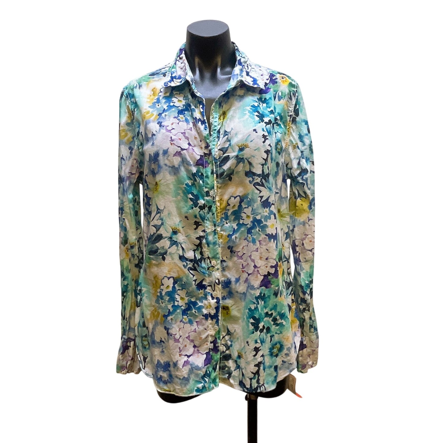 Cino Womens Floral Button-Up 100% Cotton Shirt Blouse Large Blue