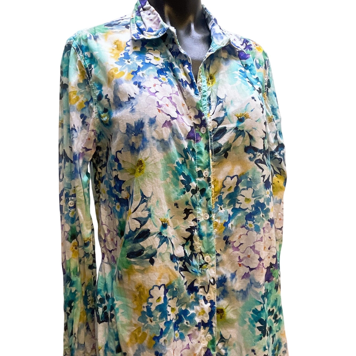 Cino Womens Floral Button-Up 100% Cotton Shirt Blouse Large Blue