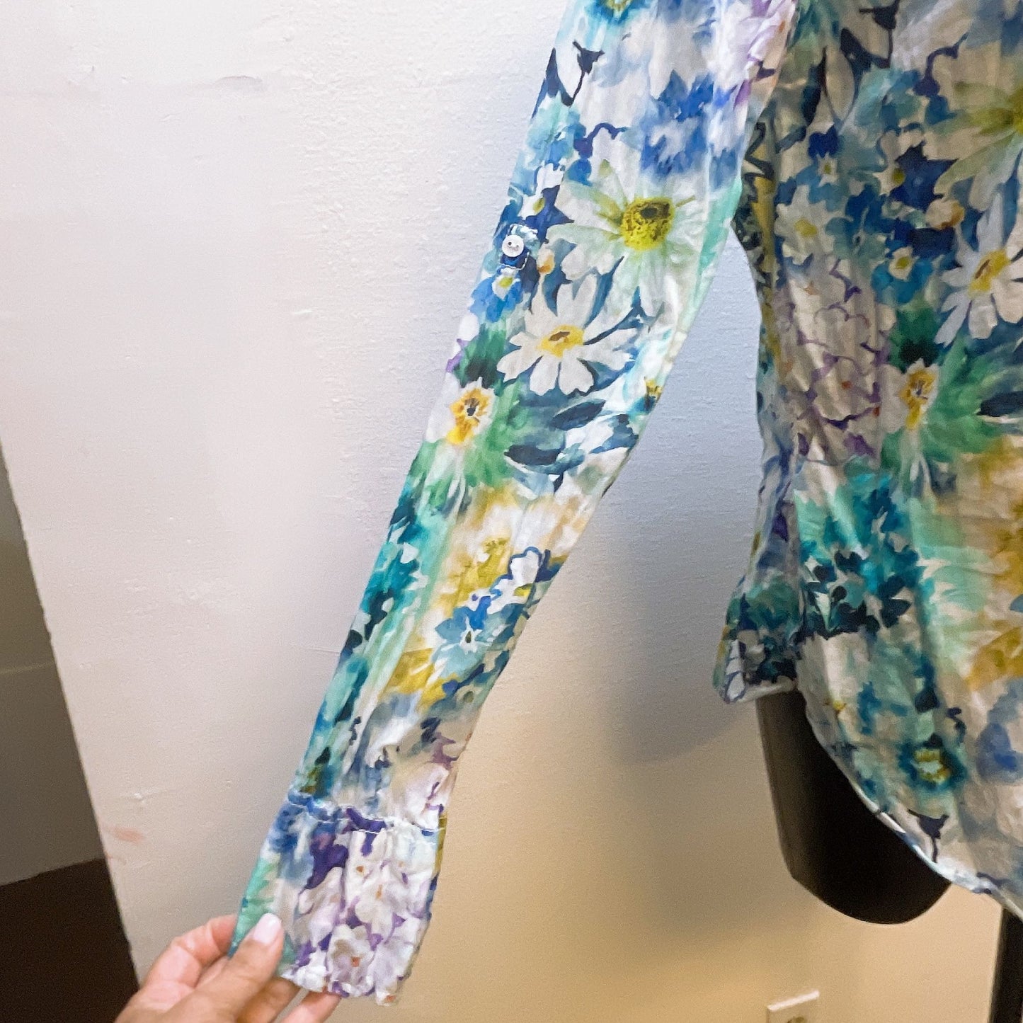 Cino Womens Floral Button-Up 100% Cotton Shirt Blouse Large Blue