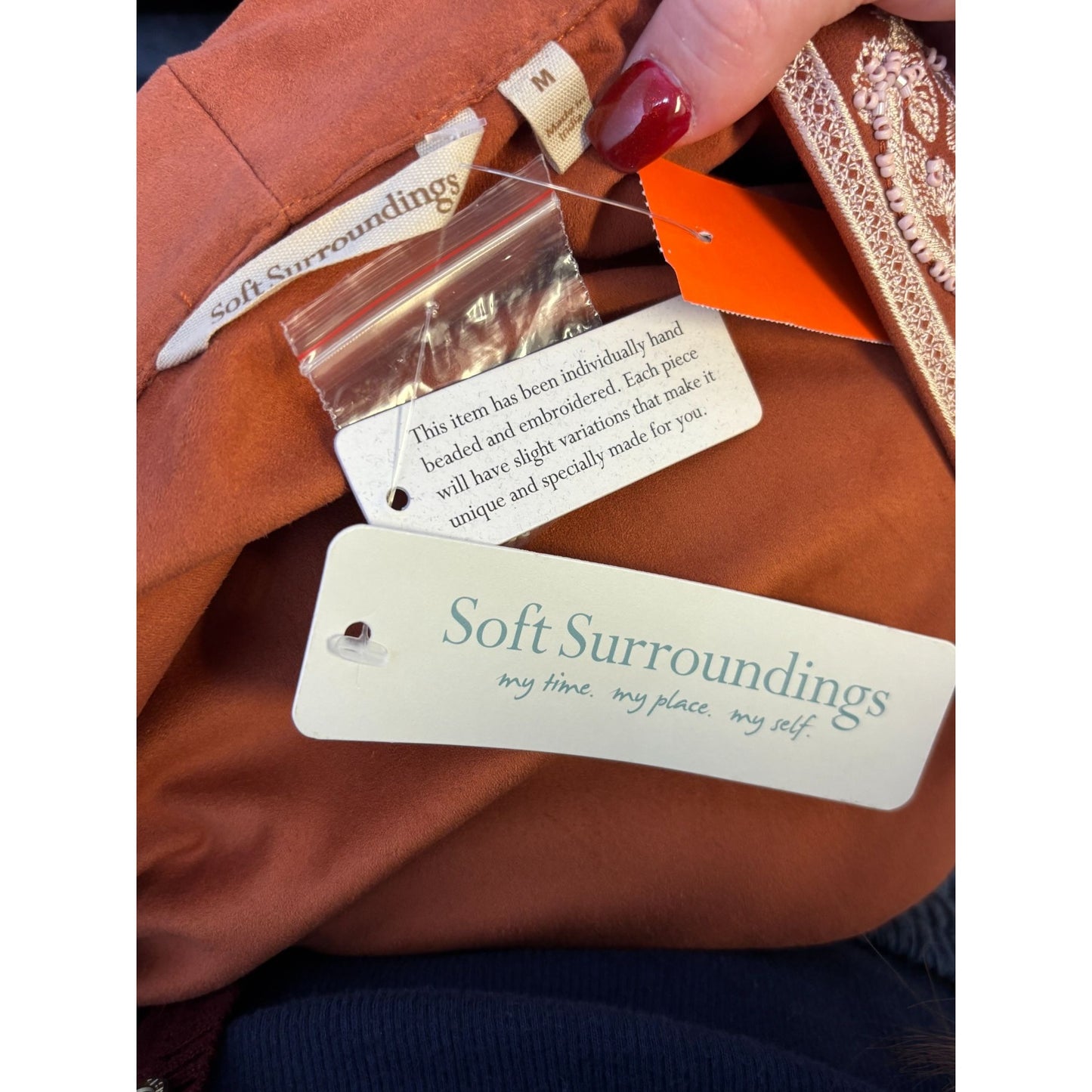 NWT Soft Surroundings Embroidered Faux Suede Kimono Jacket Orange M