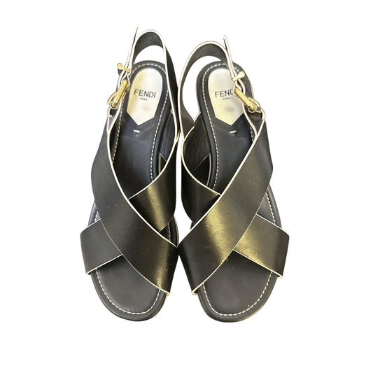 Fendi Black Leather Platform Sandals w/Gold accents Size 7.5