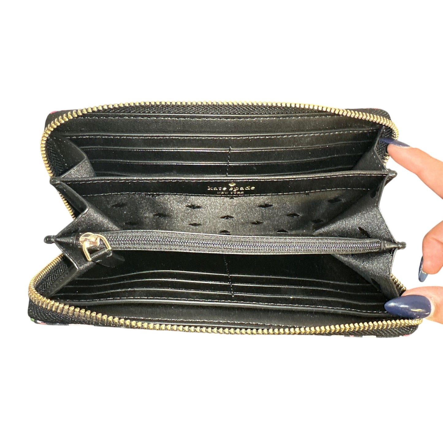 Kate Spade Black Floral Zip-Around Wallet w/Gold-Tone Accents