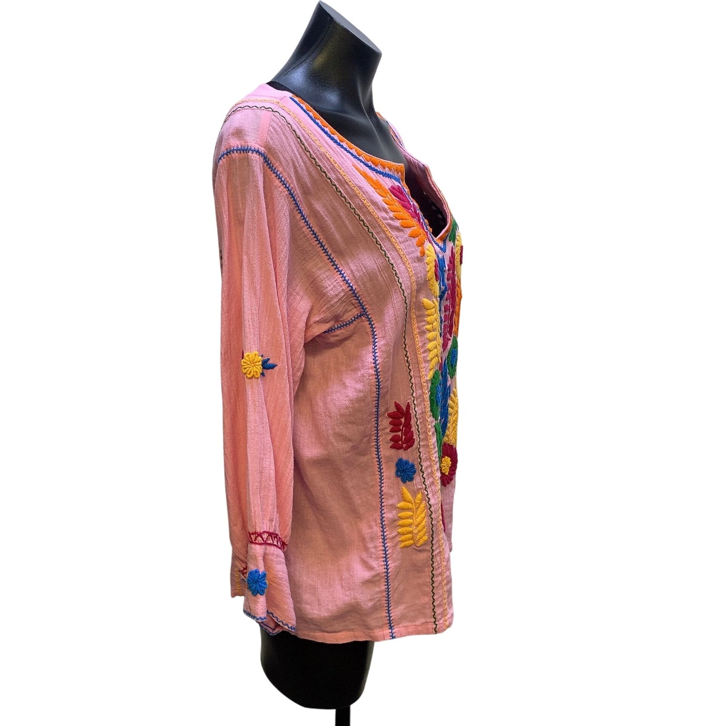 Sister Mary Pink Boho Embroidered Tunic Blouse w/Floral Design Size S