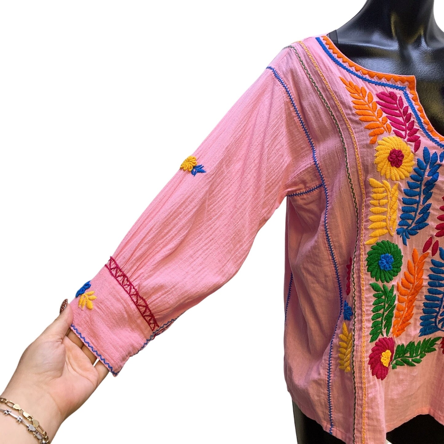 Sister Mary Pink Boho Embroidered Tunic Blouse w/Floral Design Size S