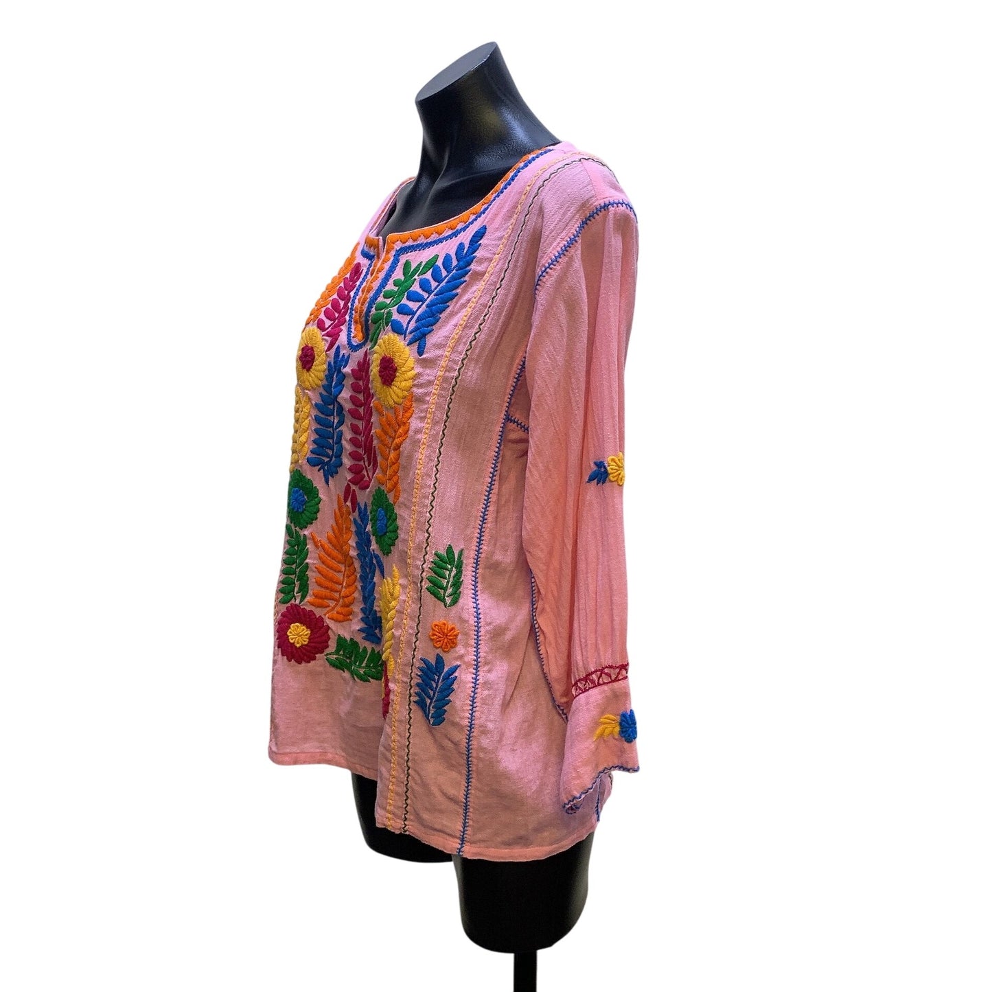 Sister Mary Pink Boho Embroidered Tunic Blouse w/Floral Design Size S