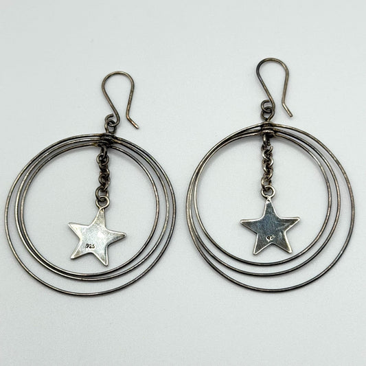 Sterling Silver 925 Star Dangle Hoop Earrings With Triple Circle Design