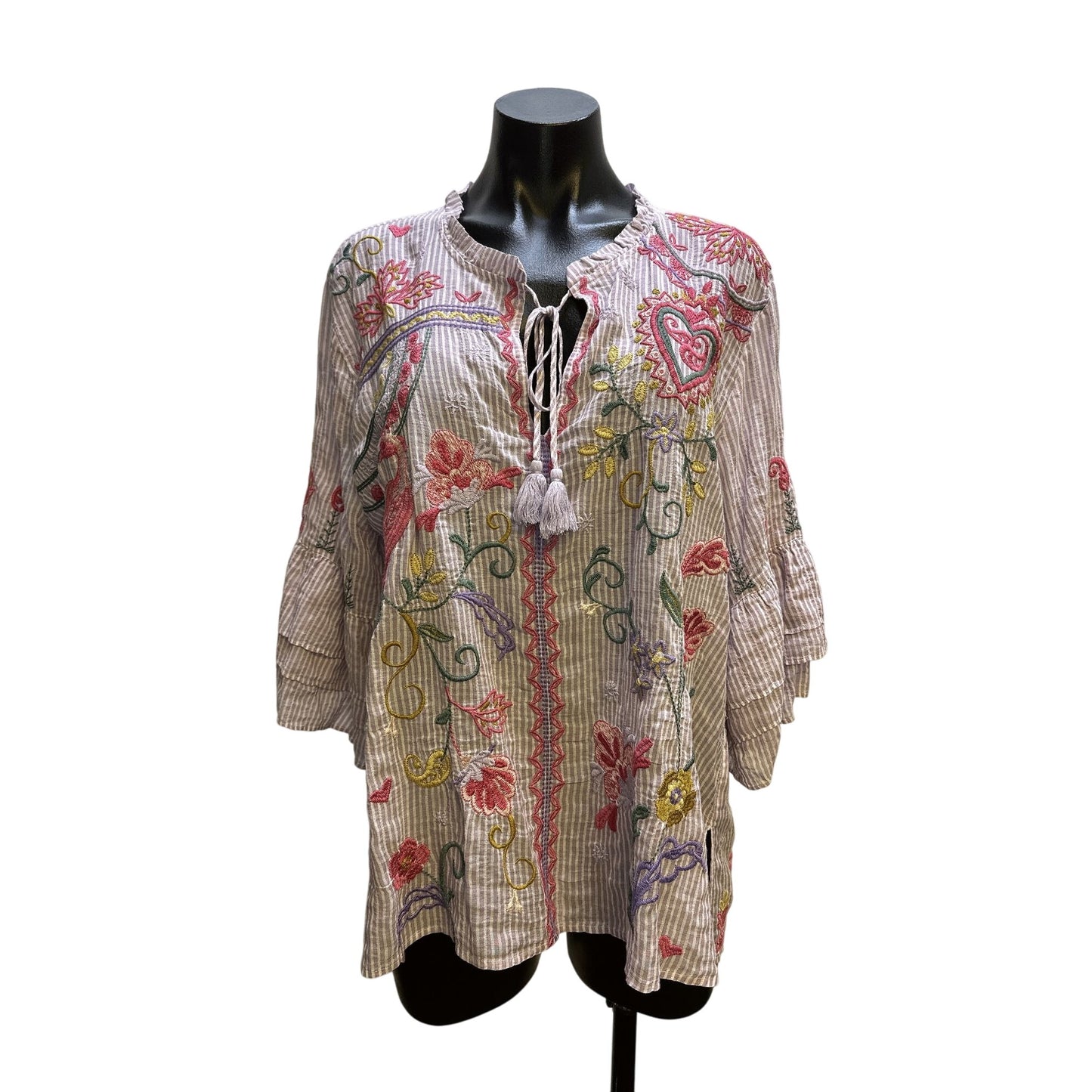 Johnny Was Workshop Purple & White Striped Embroidered Blouse Size L