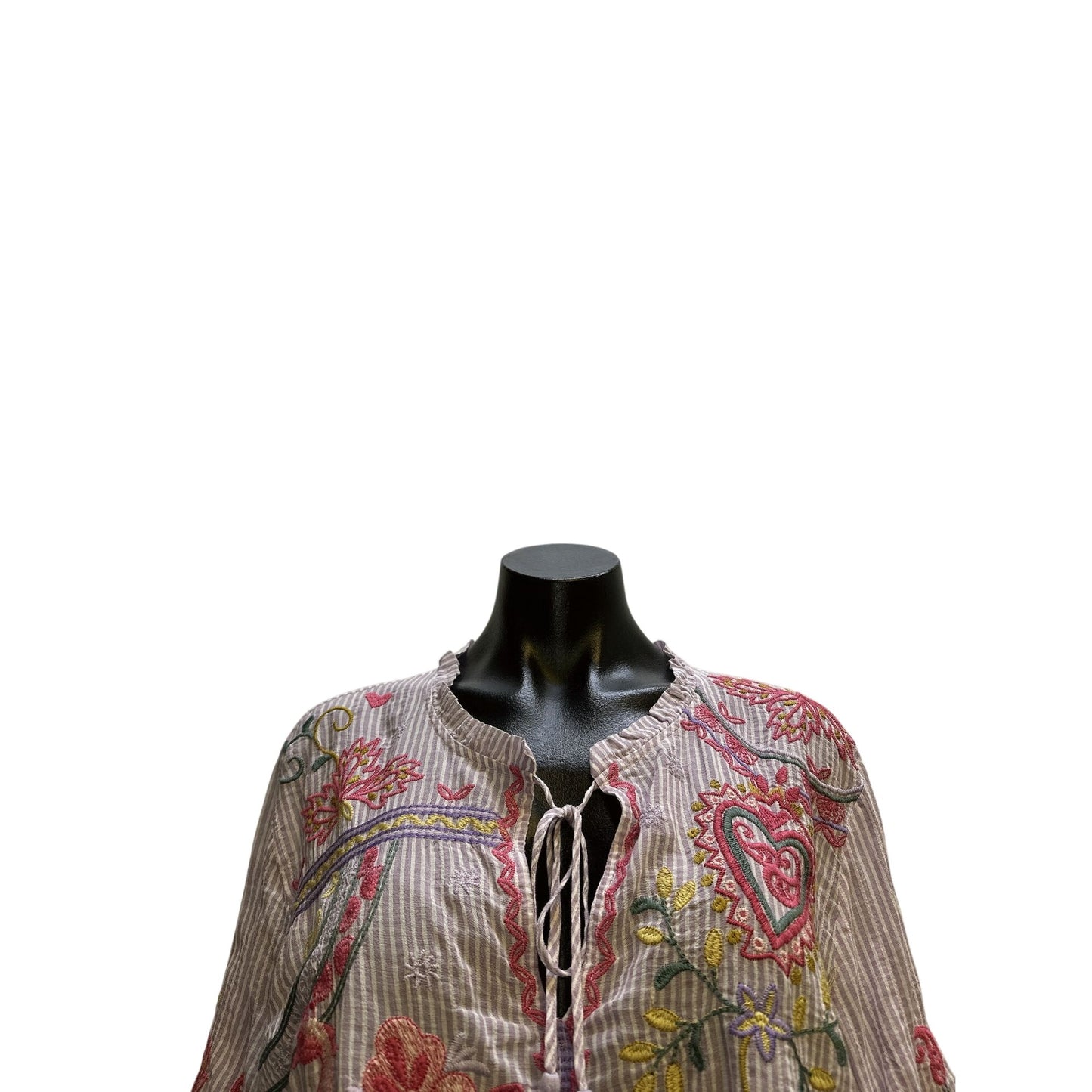 Johnny Was Workshop Purple & White Striped Embroidered Blouse Size L