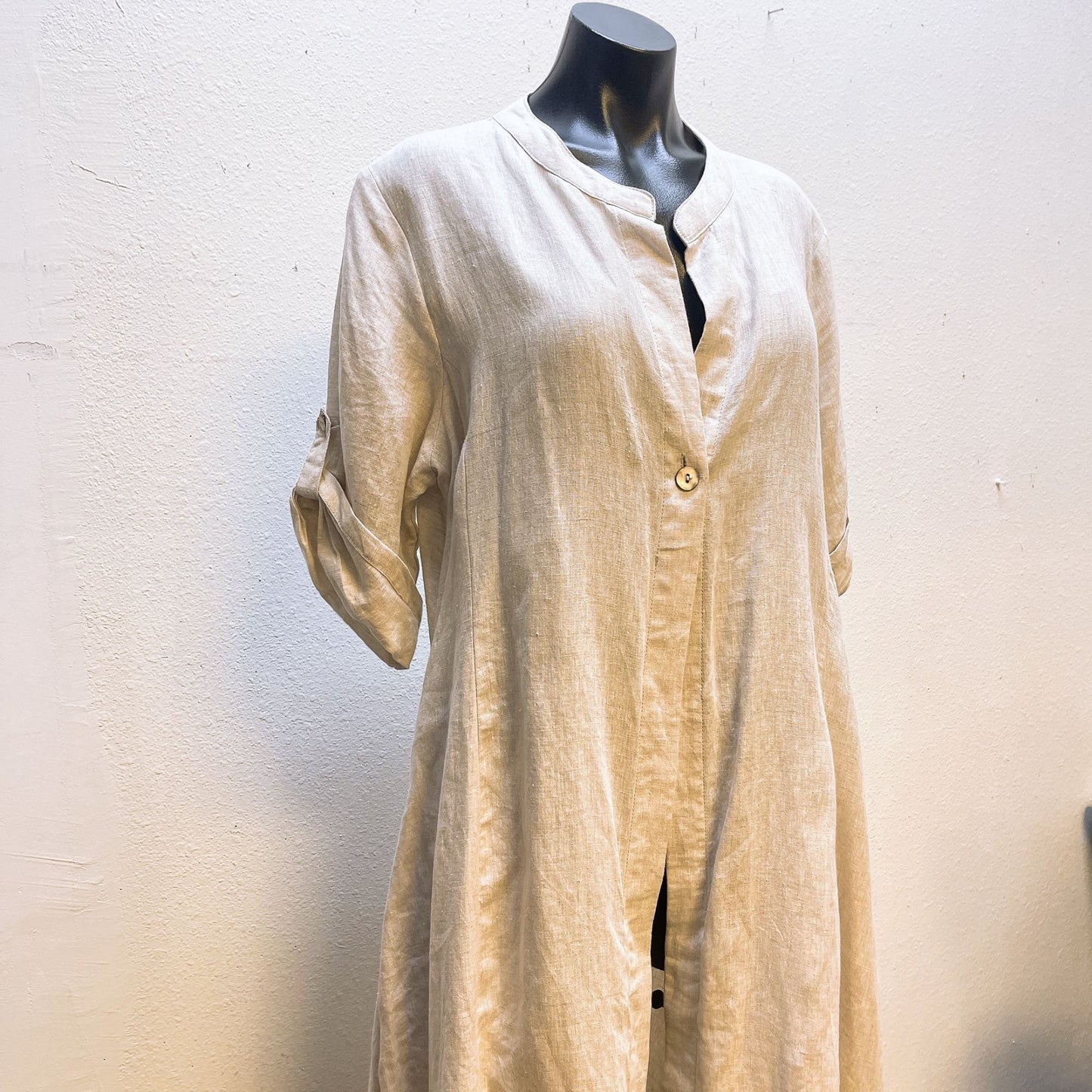 Foil Wheat Color Linen Long Cardi Duster with Pockets L
