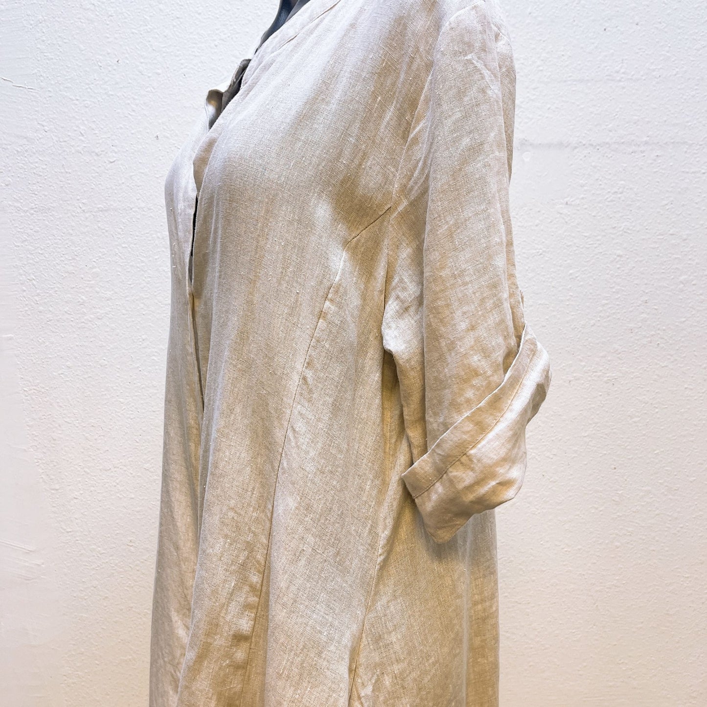 Foil Wheat Color Linen Long Cardi Duster with Pockets L