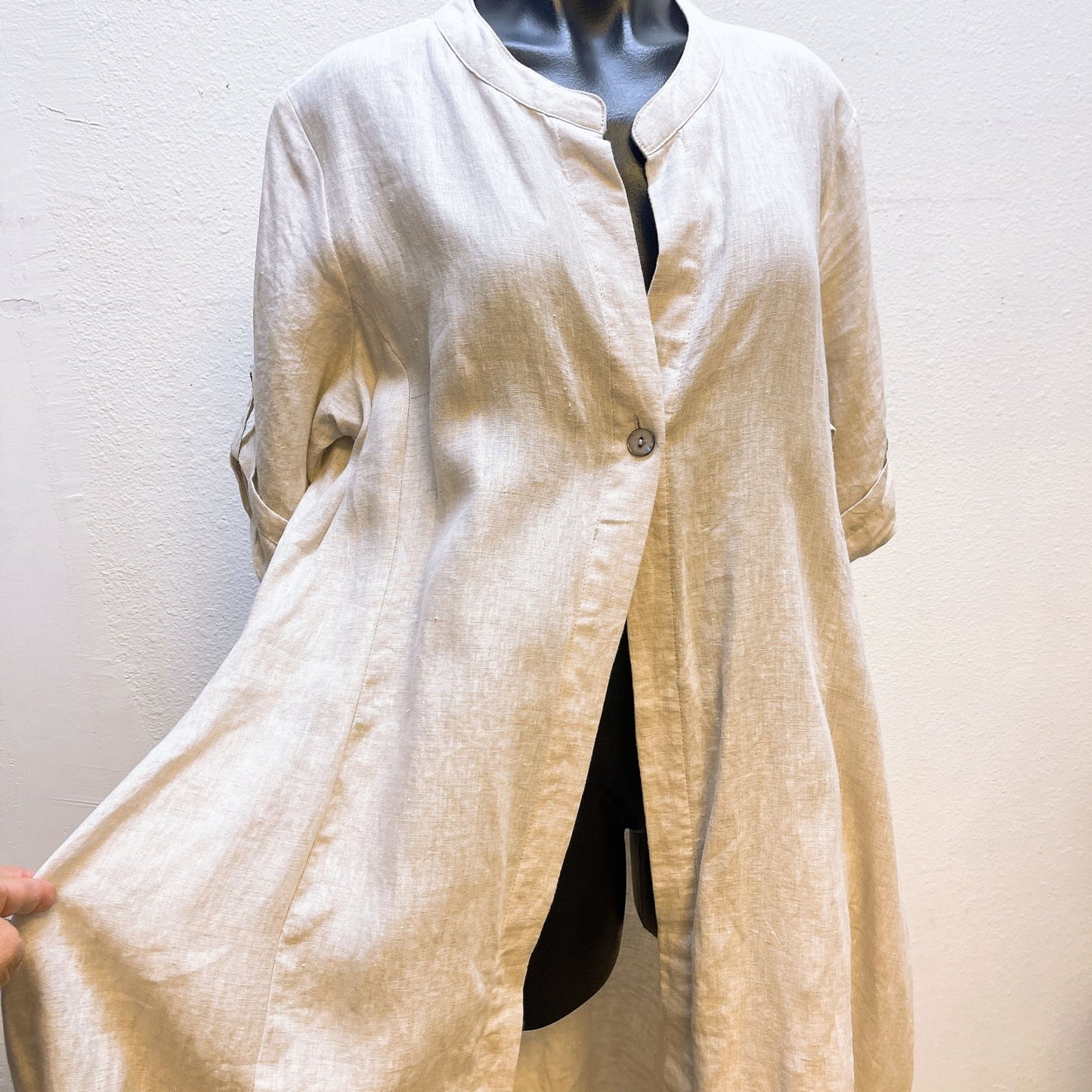 Foil Wheat Color Linen Long Cardi Duster with Pockets L