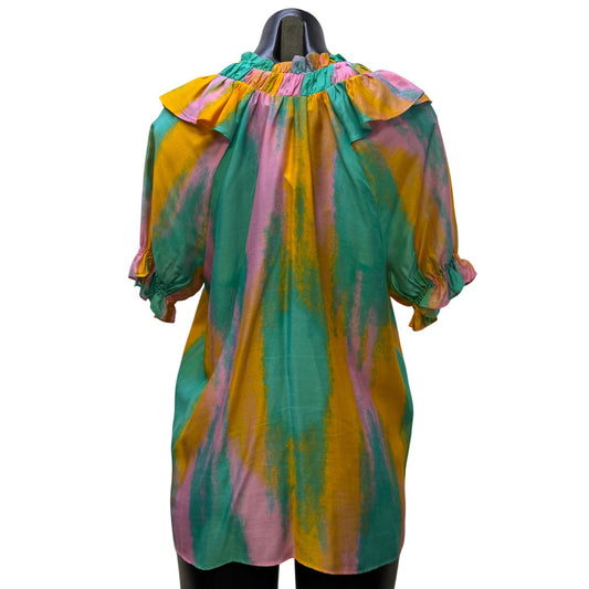 Caballero Blouse In Orange Turquoise & Pink With Ruffle Neckline S