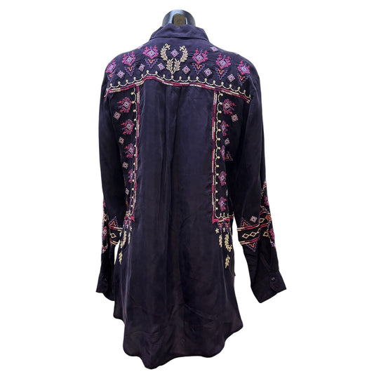 NWT Johnny Was Purple Embroidered Curacao Oversized Shirt Tunic Button Front M