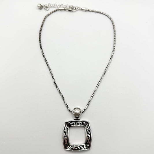 Brighton Filigree Square Silver-Tone Pearl Pendant Necklace Adjustable Chain