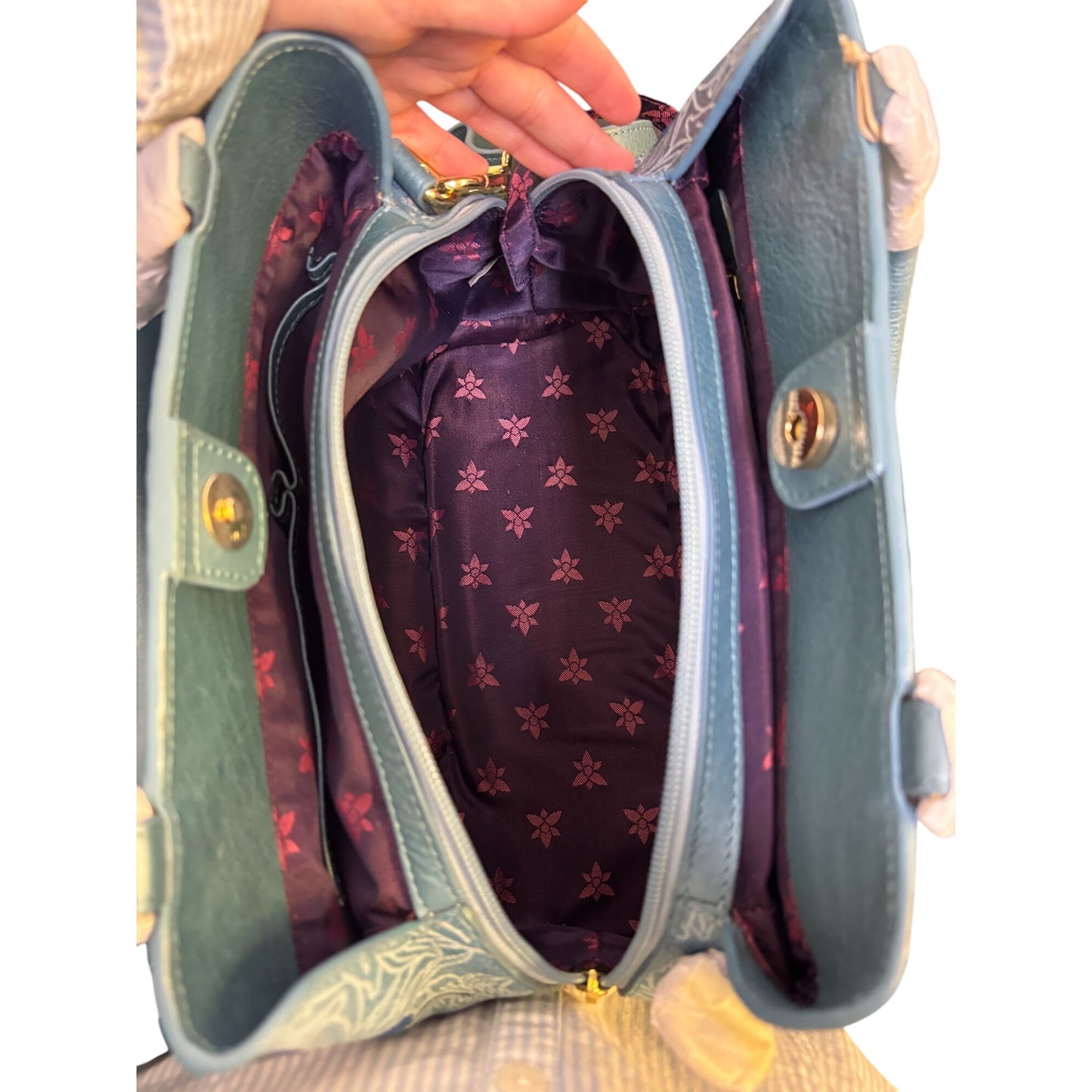 Anuschka Blue Hand-Painted Leather Shoulder Bag Bird Sky