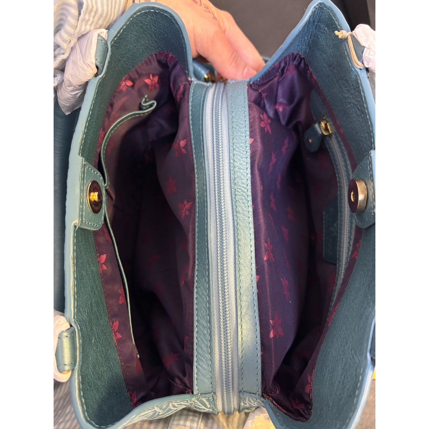 Anuschka Blue Hand-Painted Leather Shoulder Bag Bird Sky