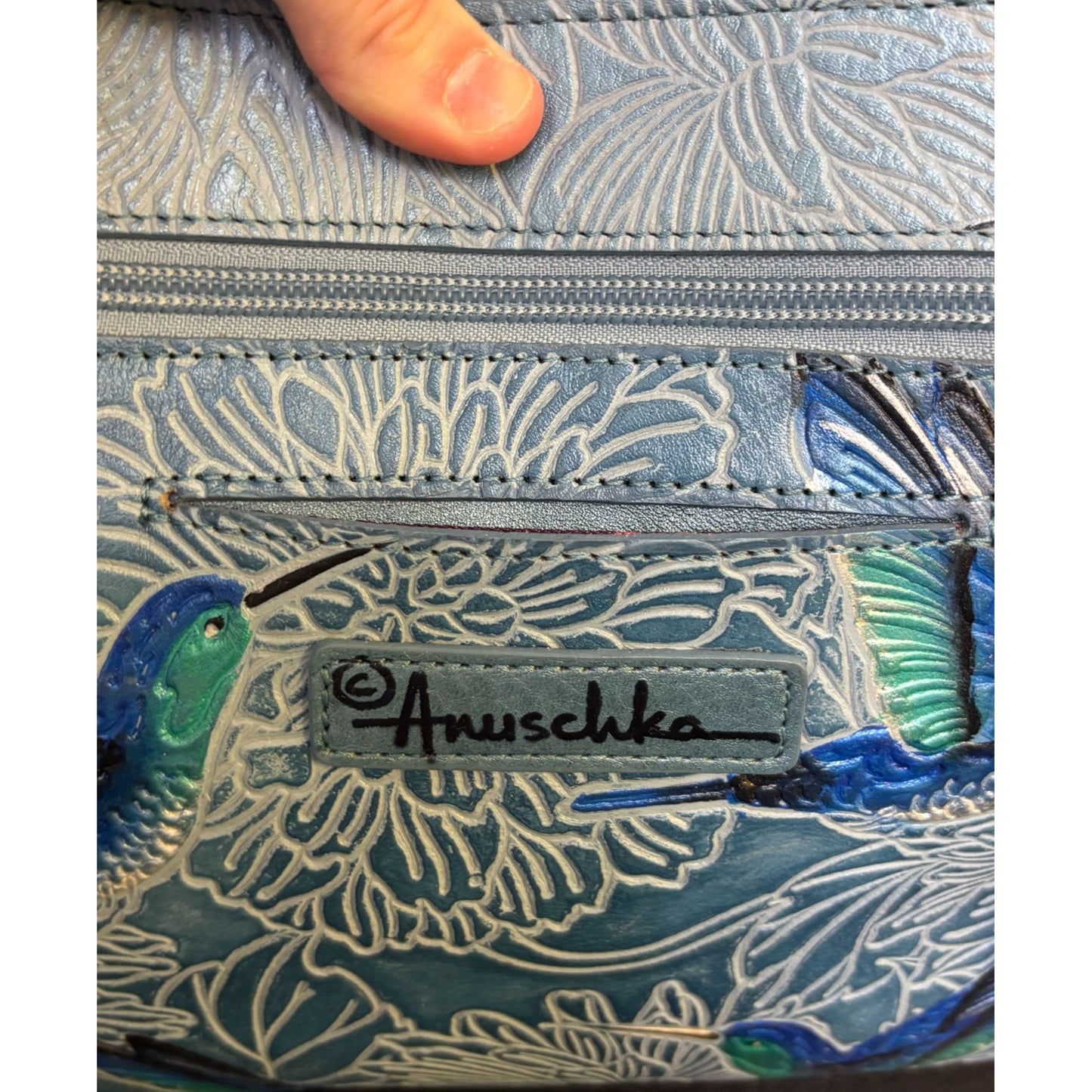 Anuschka Blue Hand-Painted Leather Shoulder Bag Bird Sky