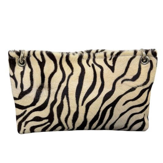 KurtMen Zebra-Print Faux Fur Handbag With Rhinestone Strap & Red Accents