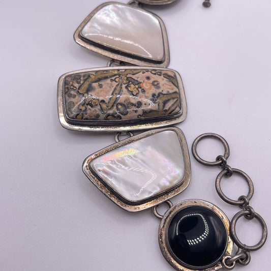 Sterling Silver Bracelet Obsidian Jasper & Mother Of Pearl Inlay Toggle Closure