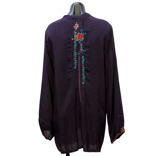 Johnny Was Purple Embroidered Long Sleeve Blouse Keyhole Neck L