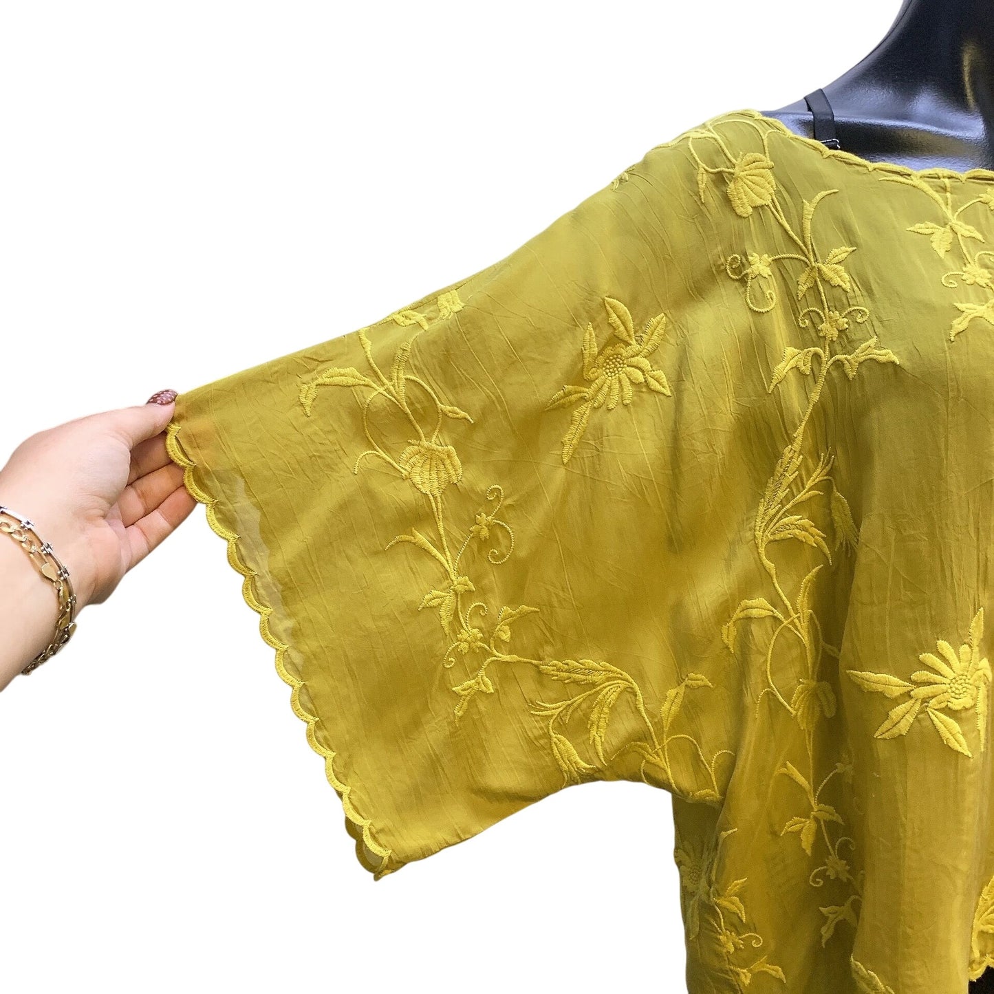 Johnny Was Embroidered Sheer Green Blouse Size M