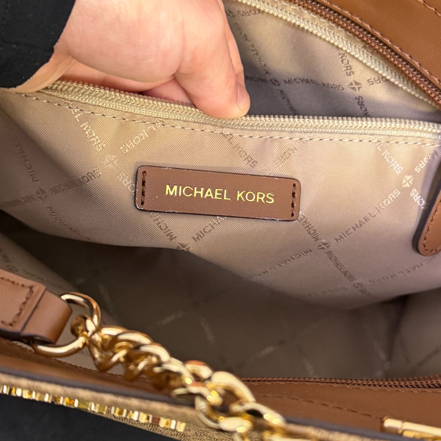 Michael Kors Logo Print Brown Tote With Gold-Tone Hardware