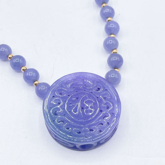 Vintage Lavender Jade & 14K Yellow Gold Bead Necklace With Carved Jade Pendant